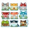 Set of cute colorful houses in the style of cats isolated on white background. Cat village. Vector cartoon close-up