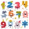 Set of cute colorful number characters with funny faces set. Comic childish bright colorful numerals, math symbols