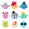 Set of cute colorful owls with different glasses and hats. Cartoon bird emojis and stickers.