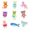 Set of cute colorful soft plush animal toys vector Illustrations