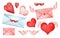 Set of cute decorative elements. Illustrations for Valentine`s Day. Envelopes, bows, hearts, angel wings. Scrapbooking
