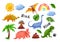 Set of cute dinosaurs, landscape elements in simple kids style. Mountain, volcano, rainbow, tree, clouds, sun, leaves