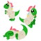 Set of cute dinosaurs in unicorn kigurumi. Dinosaur who just stands there eating muffin and sleeping one. Image isolated