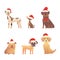 Set of cute dogs in red santas hat. Christmas puppy winter cartoon illustration.