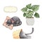 Set of cute domestic cats and a potted plant