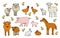 Set of cute doodle outline vector cartoon animals at the farm. Sheep, ram, cow, bull, calf, chicken, rooster, goat mother and kid