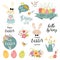 Set of cute Easter cartoon rabbits flowers eggs typography spring quote design elements