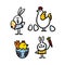 Set of cute Easter characters as hen, egs, rabbit and chicken hand drawn in doodle cartoon style.