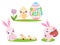 Set of cute Easter rabbits with Easter eggs and chicken. Collection of Easter bunny isolated on white background.
