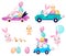 Set of cute Easter rabbits with Easter eggs and chicken. Transport with Easter bunny.