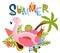 Set of cute elements, inflatable flamingo toy, tropical palm, papaya, shell and other. Summer composition perfect for