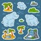 Set of cute elephants and natural sites, vector stickers of animals