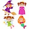 Set of cute fairytale girls. Halloween witch, mermaid, princess and fairy