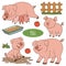 Set of cute farm animals and objects, vector family pigs