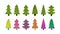 Set of cute fir colored trees in simple doodle style. Kids primitive triangle-shaped fir tree with trunk. Naive childish drawing