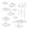 A set of cute fish with fishing gear in a linear style