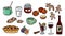 Set of cute food doodles. Hygge food stickers for planners and botebooks. Cocoa, pie, mulled wine, ginger cookies, apples, jam