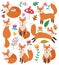 Set of cute foxes vector illustrations in flat style. Fox cartoon characters clip art collection. Woodland animal. Forest animals.