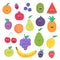 Set of cute fruits and berries with smiles. Bright vegetarian food collection on white background. Colorful vector