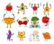 Set of cute fruits and vegetables go in for sports. Fruits and vegetables cartoon characters. Healthy eating and fitness