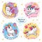 Set of cute funny unicorns. Cartoon and fabulous illustration with beautiful little pony, butterfly, star, moon and heart. Sticker