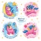 Set of cute funny unicorns. Cartoon and fabulous illustration with beautiful little pony, butterfly, star, moon and heart. Sticker