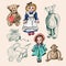 Set of cute funny vintage toys monkey, teddy bears, dolls. Antique toys of the last century for kids. Vector hand drawn