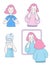 Set of cute girl with closed eyes in different bright clothes with fair skin, in different poses. She practices yoga, massage, cos
