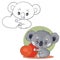 Set of cute gray koala characters holding in their paws a big red heart wants to give it in color and in outline, green