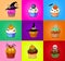 Set of cute halloween cupcake icons on multicolor background.