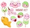 Set of cute hanami season desserts icons in kawaii style. Japanese traditional cuisine dishes