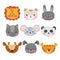 Set of cute hand drawn smiling animals. Cat, lion, panda, tiger, dog, deer, bunny, mouse and bear. Cartoon zoo