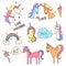 Set of cute hand drawn stickers `Love unicorns`