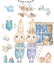 Set cute happy birthday card with cartoon two Bunny. Watercolor rabbits clip art cradle and toys for baby, cot, bear, ribbon for