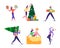 Set of Cute Happy Tiny People Celebrating New Year and Christmas Holidays, Carrying and Decorate Spruce Tree