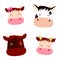 Set with cute heads Cows with flowers, bow and Calves, flat style, as symbol Happy New Year, Merry Christmas holiday