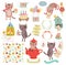 Set of cute illustrations and characters. Cats, birds, floral pattern, letter.
