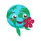 Set of cute illustrations with planet Earth. The earth admires a beautiful flower.