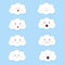Set of cute or kawaii cloud cartoon such as smile, crying, happy, sad, angry and relax on blue background