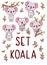 Set cute kawaii hand drawn koala doodles, isolated on white background, clipart