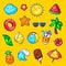 Set of cute kawaii summer items. Vacation and beach character.