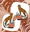 Set of cute leopards standing on rocks in boho style on palm print background