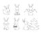 Set of cute line rabbits in different poses. Vector symbol of new year 2023 isolated on white. Bunny with Christmas tree