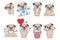 Set of cute linear pugs isolated on white backround.Pug in love, in space and with popcorn. Adorable pet dogs for cards, prints e