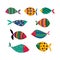 set of cute little colored fish for design items for children isolated on a white background. Beautiful fish for banners