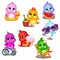 A set of cute little multicolored chicks having fun isolated on white background. Vector cartoon close-up illustration.