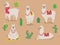 Set of cute llamas in different poses, desert with cactus