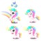 Set of cute magic sweet unicorns with mane colored rainbow, horn, butterfly isolated on white background. Sample of