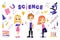 Set With Cute Male And Female Characters Smiling. Different Scientific Items Around Cartoon Women And Man Scientists In