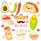 Set of cute mexican food stickers in kawaii style